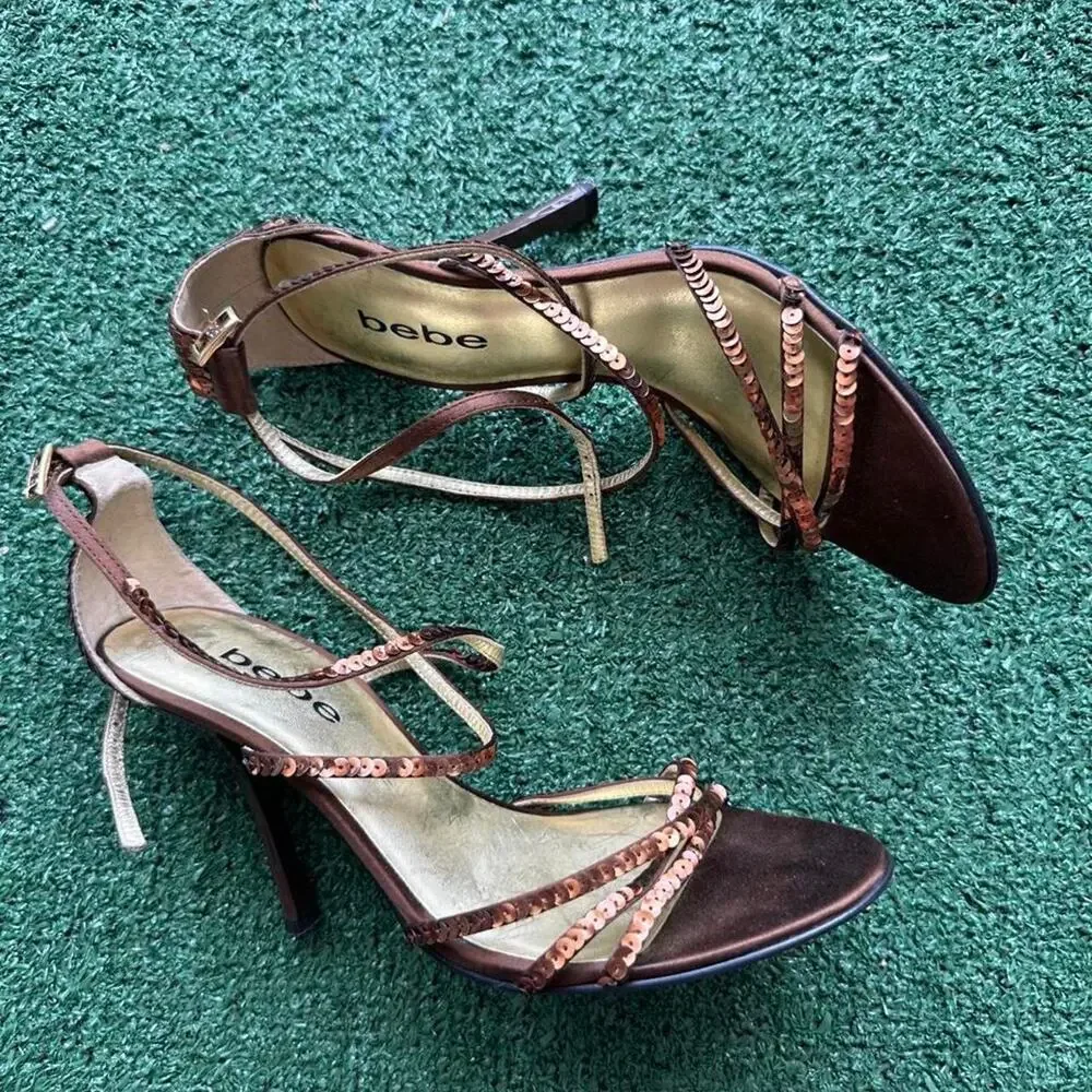 vintage bebe brown sequin heels